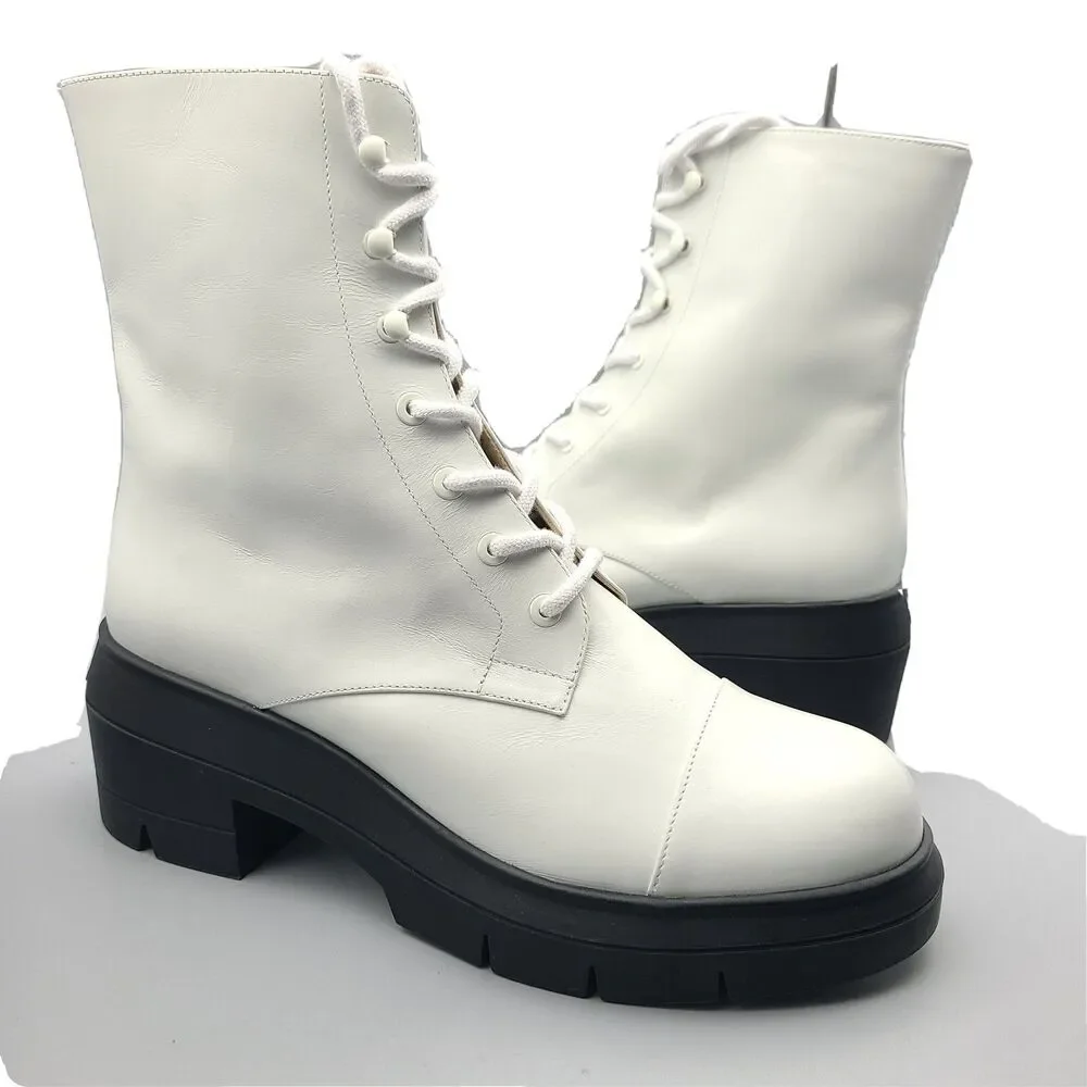 Stuart Weitzman boots sz 8.5 C/Wide Nisha white leather ankle combat lace up new